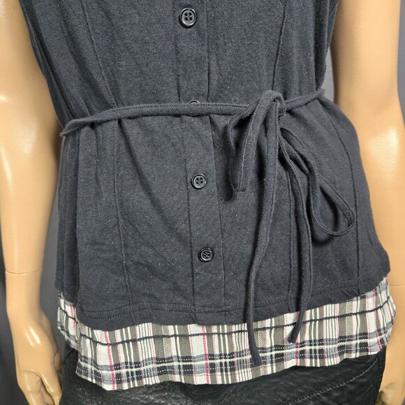 Y2K Button Up Blouse Top Size L Black White Plaid Short Sleeve Stretch Tie Back - Picture 7 of 9
